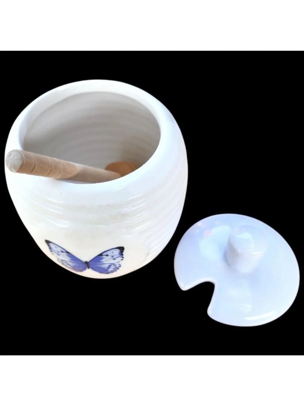 English Tableware Co Honey Pot Blue Butterfly Ceramic Jar Lid Wood Dipper